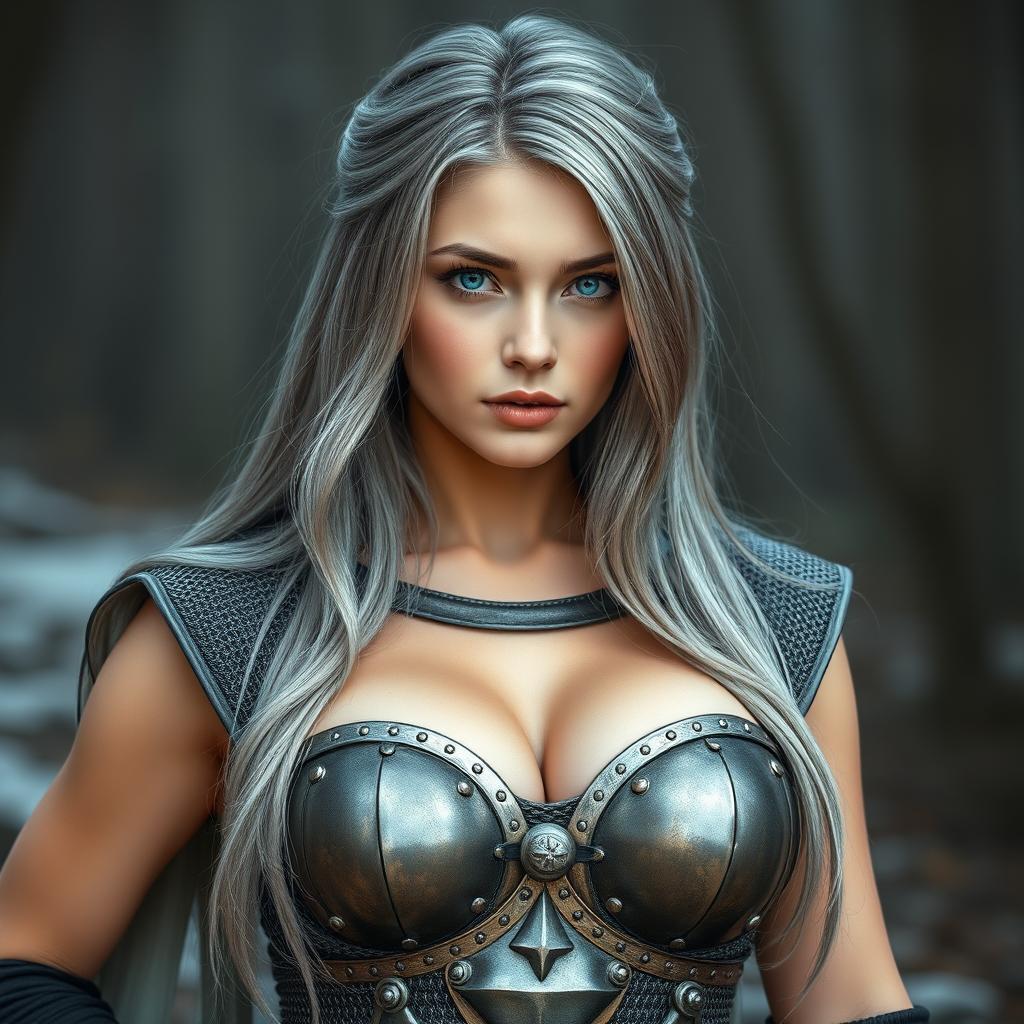 A very busty Ukrainian athletic cleric girl with bright turquoise eyes and long ash grey hair