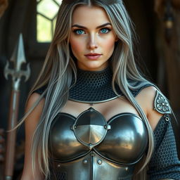 A very busty Ukrainian athletic cleric girl with bright turquoise eyes, long ash grey hair cascading down her shoulders, showcasing her huge beautiful natural breasts