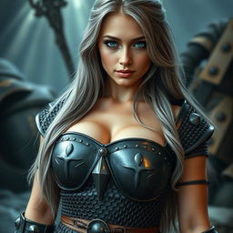 A very busty Ukrainian athletic cleric girl with bright turquoise eyes, long ash grey hair cascading down her shoulders, showcasing her huge beautiful natural breasts