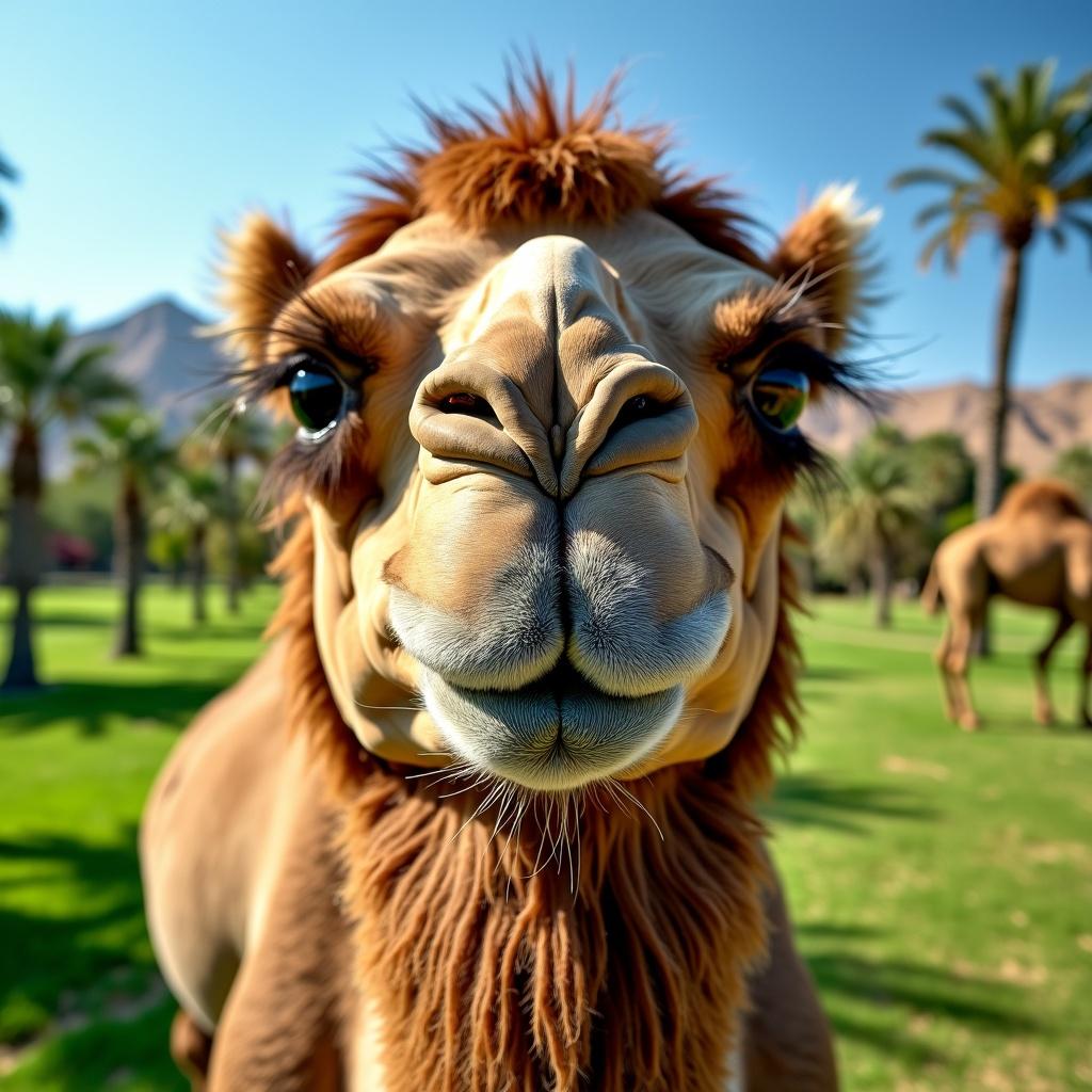A close-up portrait of a majestic camel standing in a lush camel park