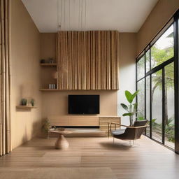 Modify the house to accentuate its minimalist features while keeping the vertical bamboo elements at the corners