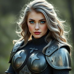 A very busty Ukrainian athletic cleric girl with bright turquoise eyes and long ash grey hair