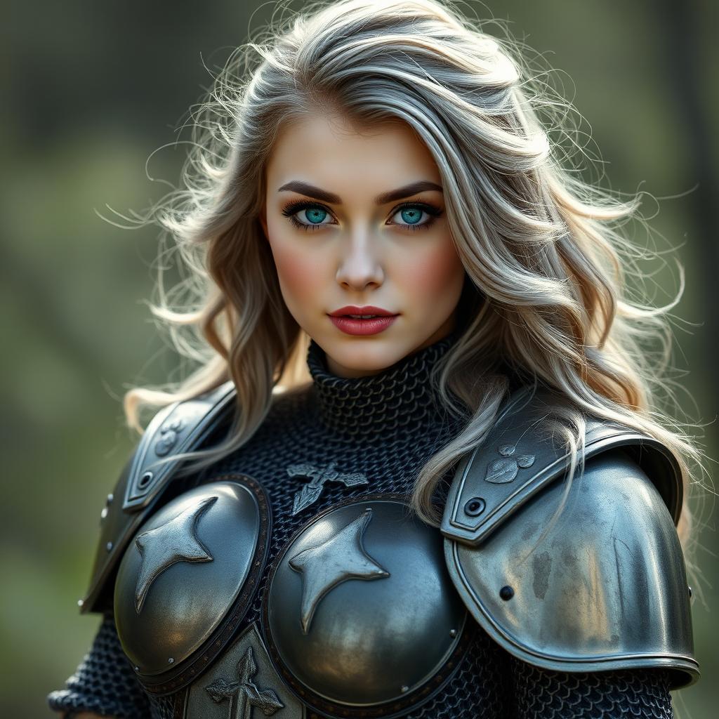 A very busty Ukrainian athletic cleric girl with bright turquoise eyes and long ash grey hair