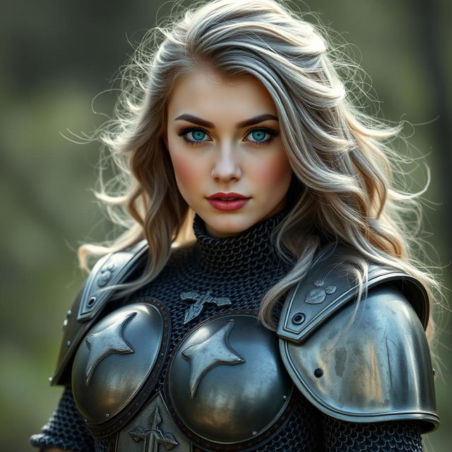 A very busty Ukrainian athletic cleric girl with bright turquoise eyes and long ash grey hair