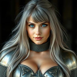 A very busty Ukrainian athletic cleric girl with bright turquoise eyes and long ash grey hair