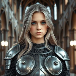 A very busty Ukrainian athletic cleric girl with bright turquoise eyes and long, slightly wavy ash grey hair