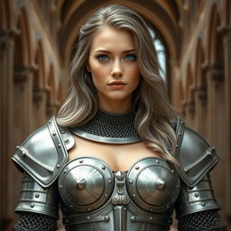 A very busty Ukrainian athletic cleric girl with bright turquoise eyes and long, slightly wavy ash grey hair