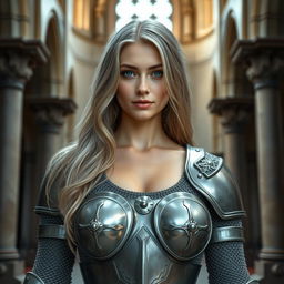 A very busty Ukrainian athletic cleric girl with bright turquoise eyes and long, slightly wavy ash grey hair