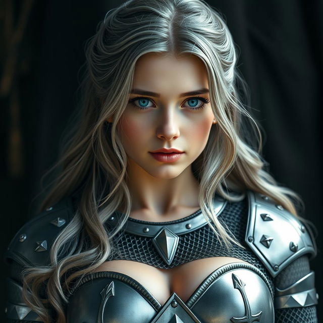 A very busty Ukrainian athletic cleric girl with bright turquoise eyes and long, slightly wavy ash grey hair