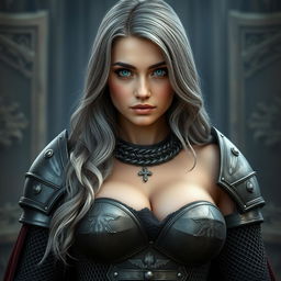 A very busty Ukrainian athletic cleric girl with bright turquoise eyes and long, slightly wavy ash grey hair