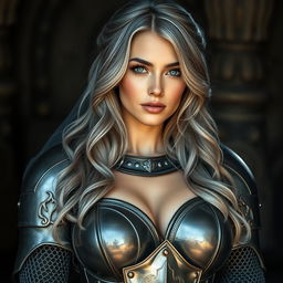 A very busty Ukrainian athletic cleric girl with bright turquoise eyes and long, slightly wavy ash grey hair