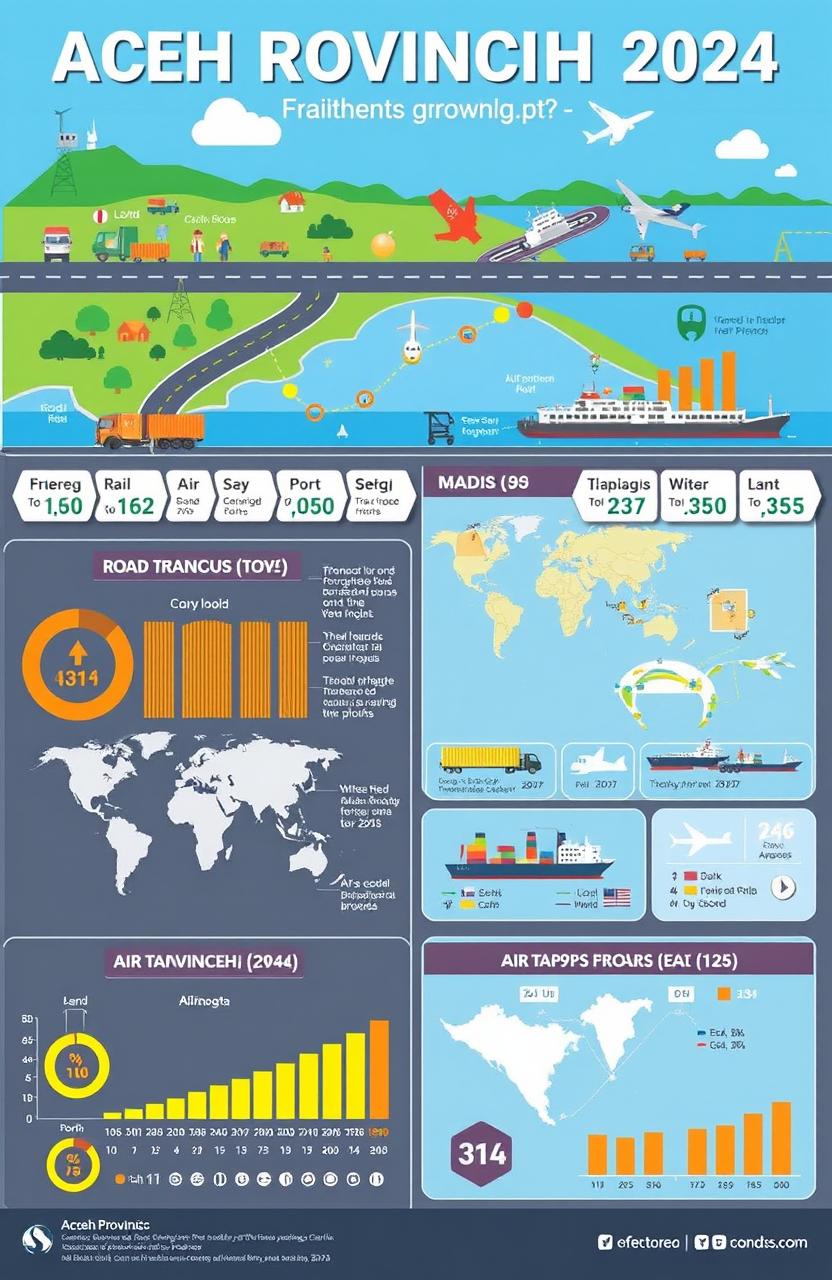 Illustrative infographic showcasing transportation statistics for Aceh province in 2024, including detailed graphics representing land, sea, and air transportation