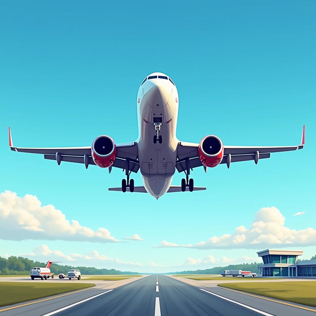 A dynamic scene of an airplane taking off from an airport runway, depicted in vivid detail