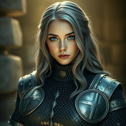 A very busty European cleric girl with bright turquoise eyes and long, slightly wavy ash grey hair