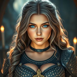 A very busty European cleric girl with bright turquoise eyes and long, slightly wavy ash grey hair