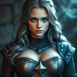 A very busty European cleric girl with bright turquoise eyes and long, slightly wavy ash grey hair