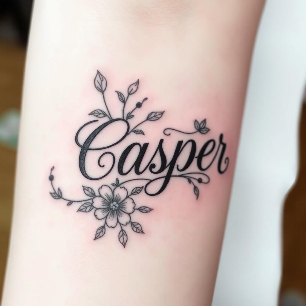 Elegant 'Casper' Tattoo Design: Artistic Floral and Cursive Elements