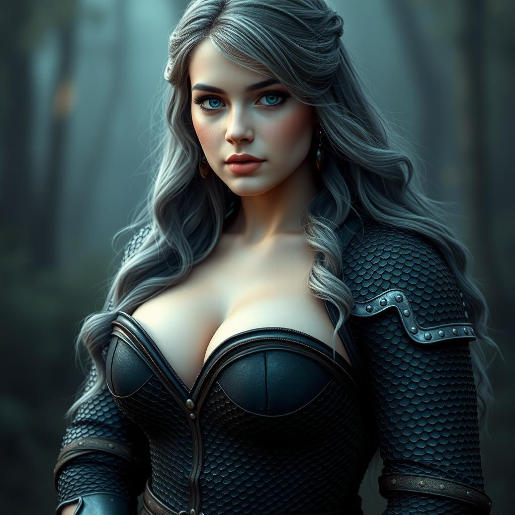 A very busty European cleric girl with bright turquoise eyes and long slightly wavy ash grey hair