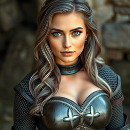 A very busty European female cleric with bright turquoise eyes, long slightly wavy ash grey hair, and huge beautiful natural breasts