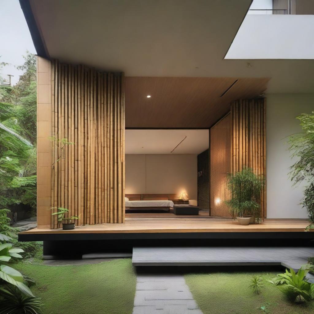 Modify the house to accentuate its minimalist features while keeping the vertical bamboo elements at the corners