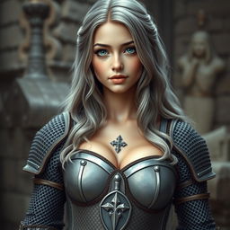 A very busty European cleric depicted as a cute slim girl with bright turquoise eyes and long, slightly wavy ash grey hair
