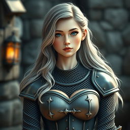 A very busty European cleric depicted as a cute slim girl with bright turquoise eyes and long, slightly wavy ash grey hair
