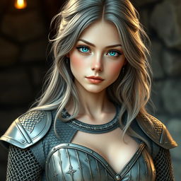 A very busty European cleric depicted as a cute slim girl with bright turquoise eyes and long, slightly wavy ash grey hair