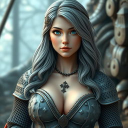 A very busty European cleric depicted as a cute slim girl with bright turquoise eyes and long, slightly wavy ash grey hair