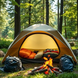 A visually engaging scene featuring a professional travel tent nestled in an idyllic outdoor setting, between two well-organized camping bags