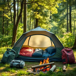 A visually engaging scene featuring a professional travel tent nestled in an idyllic outdoor setting, between two well-organized camping bags