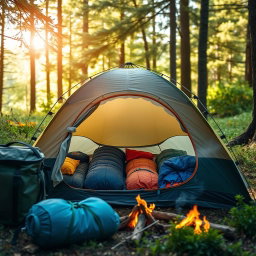 A visually engaging scene featuring a professional travel tent nestled in an idyllic outdoor setting, between two well-organized camping bags