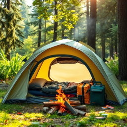 A visually engaging scene featuring a professional travel tent nestled in an idyllic outdoor setting, between two well-organized camping bags