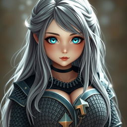 A very busty European cleric girl with bright turquoise eyes and long, beautiful ash grey hair