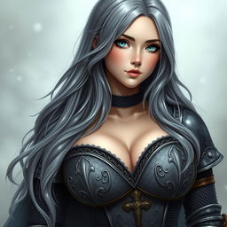 A very busty European cleric girl with bright turquoise eyes and long, beautiful ash grey hair