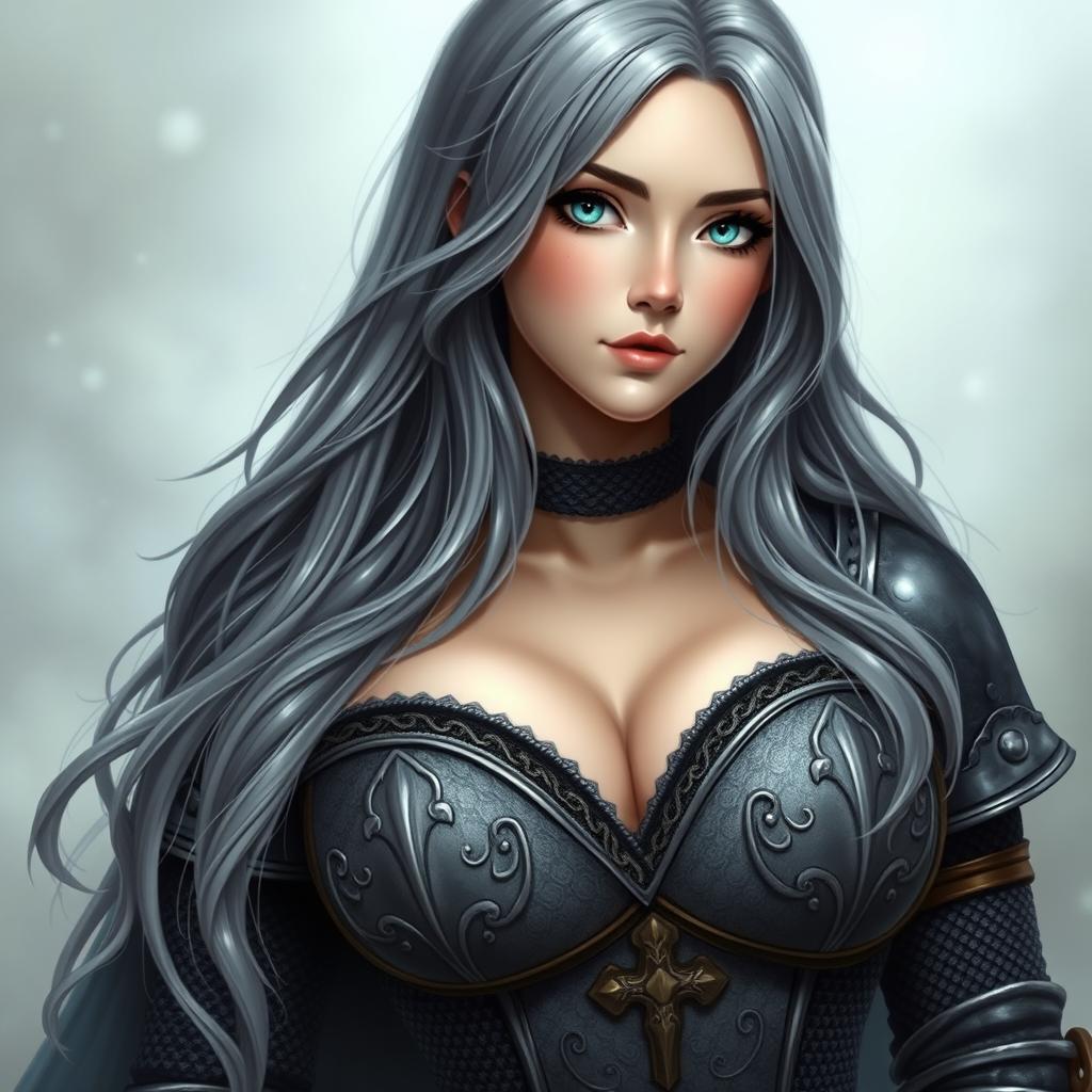 A very busty European cleric girl with bright turquoise eyes and long, beautiful ash grey hair