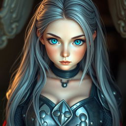 A very busty European cleric girl with bright turquoise eyes and long, beautiful ash grey hair