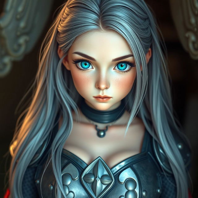 A very busty European cleric girl with bright turquoise eyes and long, beautiful ash grey hair