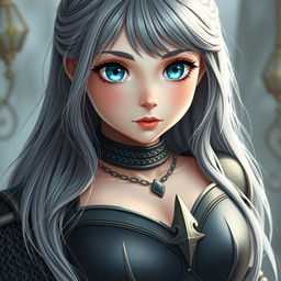 A very busty European cleric girl with bright turquoise eyes and long, beautiful ash grey hair