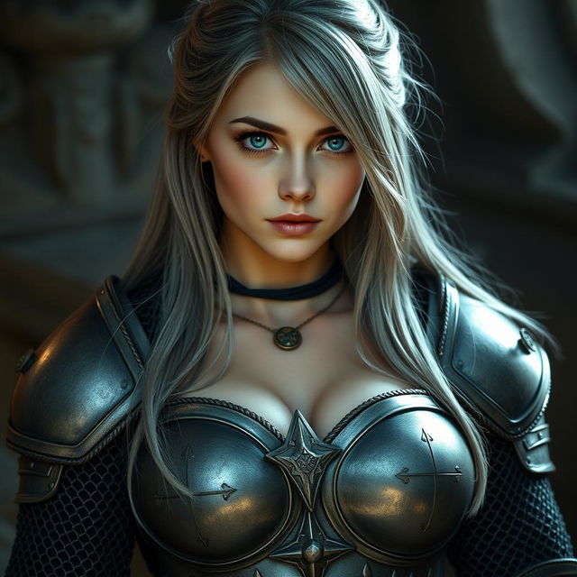 A very busty Ukrainian cleric girl with bright turquoise eyes and long beautiful ash grey hair