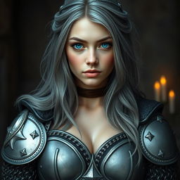 A very busty Ukrainian cleric girl with bright turquoise eyes and long beautiful ash grey hair