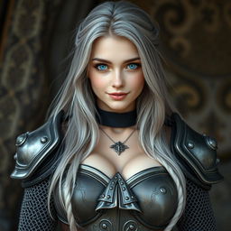 A distinctively beautiful Ukrainian cleric girl with bright turquoise eyes and long, flowing ash grey hair, exuding an aura of cuteness and warmth