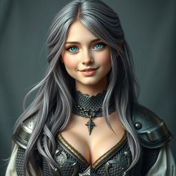 A distinctively beautiful Ukrainian cleric girl with bright turquoise eyes and long, flowing ash grey hair, exuding an aura of cuteness and warmth