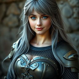 A distinctively beautiful Ukrainian cleric girl with bright turquoise eyes and long, flowing ash grey hair, exuding an aura of cuteness and warmth