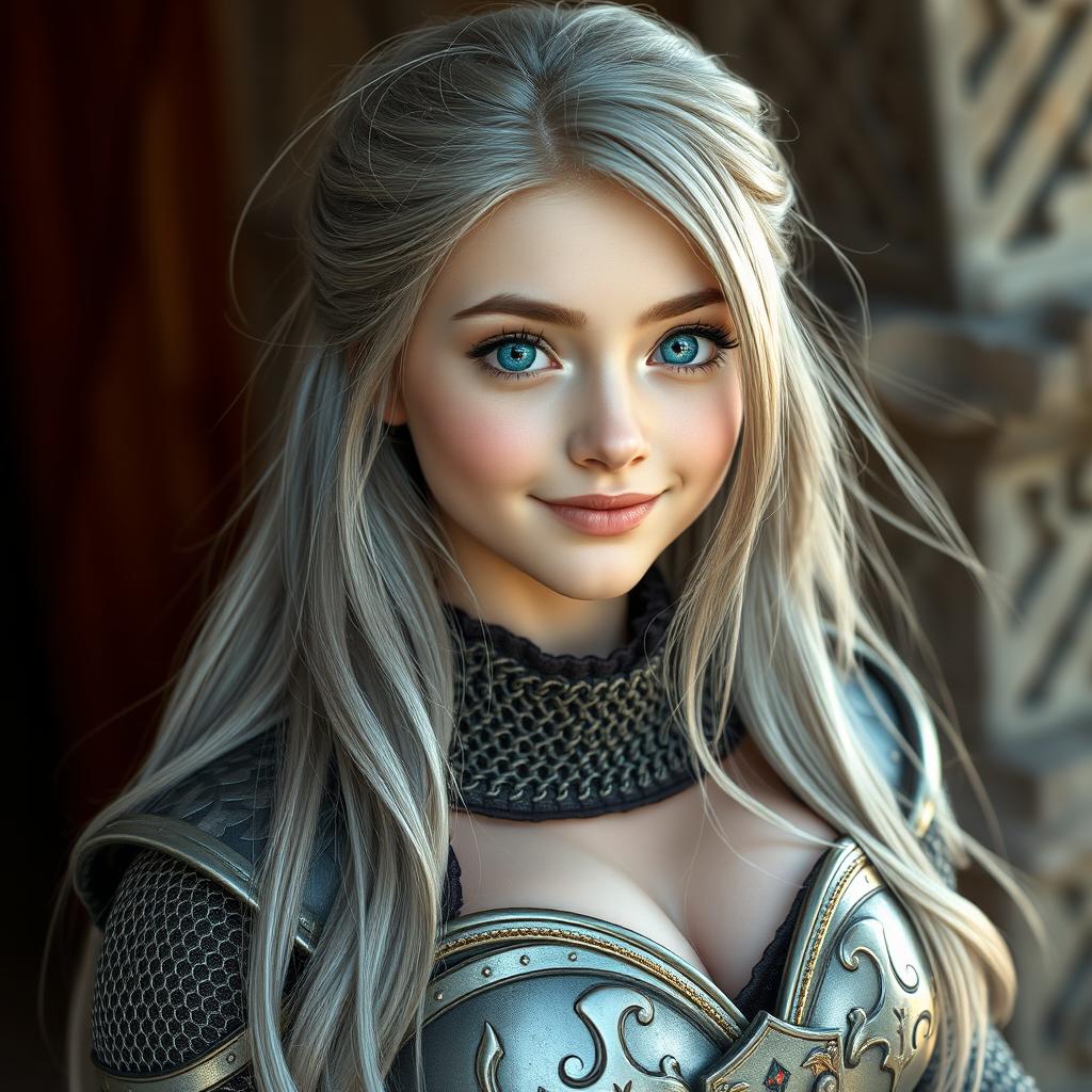 A distinctively beautiful Ukrainian cleric girl with bright turquoise eyes and long, flowing ash grey hair, exuding an aura of cuteness and warmth