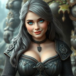 A cute, busty Ukrainian cleric with bright turquoise eyes and long, beautiful ash grey hair, exuding a charming and loving presence