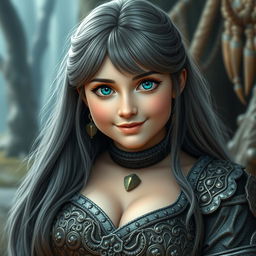 A cute, busty Ukrainian cleric with bright turquoise eyes and long, beautiful ash grey hair, exuding a charming and loving presence