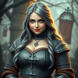 A cute, busty Ukrainian cleric with bright turquoise eyes and long, beautiful ash grey hair, exuding a charming and loving presence