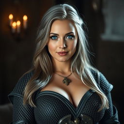 A very busty Ukrainian cleric with bright turquoise eyes and long, beautiful ash grey hair