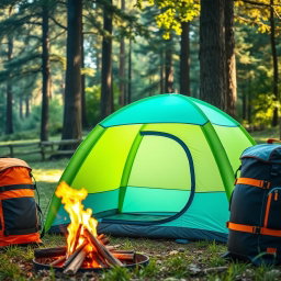 A captivating scene featuring an inflatable travel tent situated between two stylish camping bags in a beautiful outdoor setting
