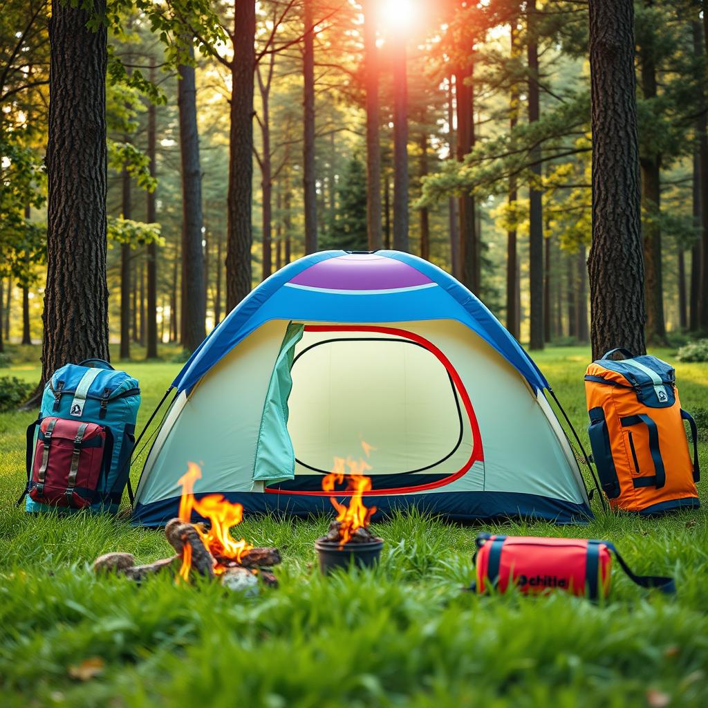 A captivating scene featuring an inflatable travel tent situated between two stylish camping bags in a beautiful outdoor setting